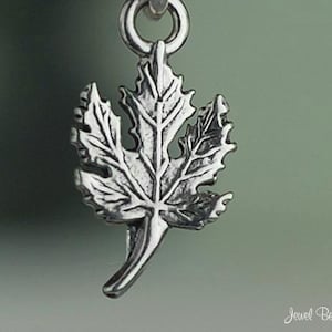 May include: Silver charm in the shape of a maple leaf. The leaf is detailed with veins and has a smooth, polished finish.