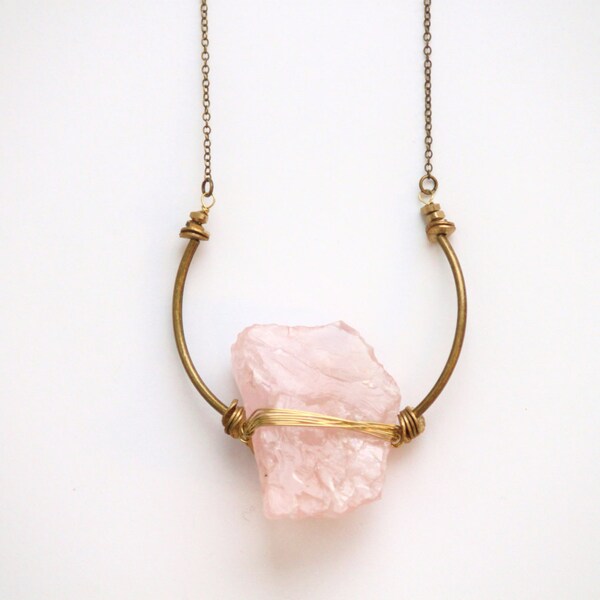 Rose Quartz Necklace. Raw Natural Pink Stone, Antique Brass Tubes and Beads, Long Statement Necklace.