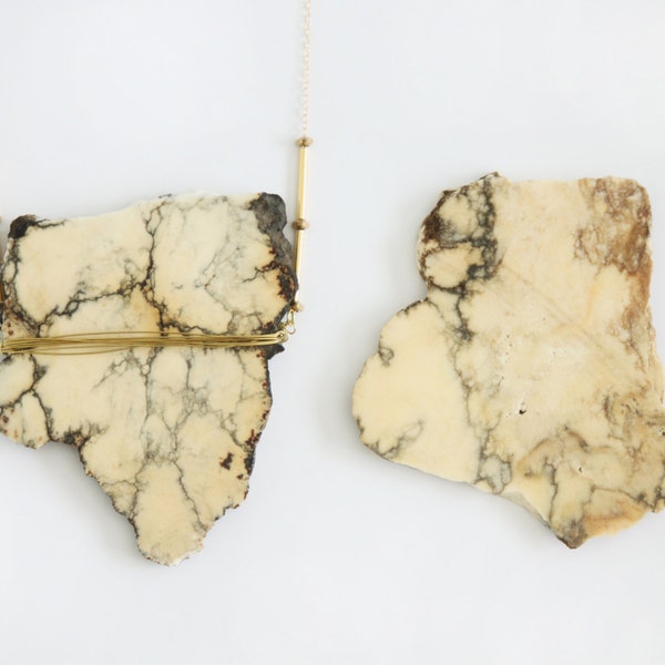 Cream Howlite Raw Necklace. Lapidary Unpolished Howlite Slab Wire Wrapped with Gold Tubes Necklace.