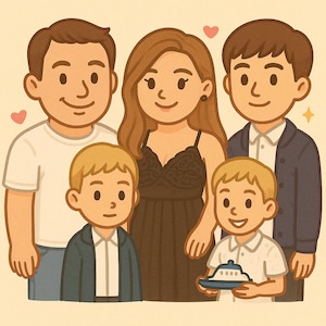 Custom digital portrait: couple, family, or pet. A cute anime-style chibi cartoon illustration - perfect as a gift.