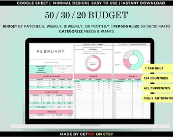 50/30/20 Budget Planner | Monthly Google Sheets Template | Easy Income and Expense Tracker – Pink and Mint Edition