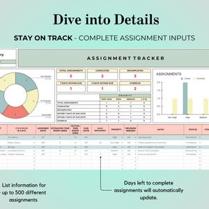 May include: Assignment tracker with a pie chart, bar graph, and table. The text reads "Dive into Details" and "Stay on Track." The table lists assignments, course names, dates, and priorities. The tracker displays assignment status.