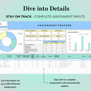 May include: An assignment tracker spreadsheet with a blue and green color scheme. The spreadsheet includes sections for total assignments, completion status, and priority levels. Text on the image says "Dive into Details" and "Stay on Track".