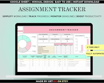 Assignment Tracker Google Sheets Template | Digital Homework Planner and Checklist for College and High School Students – Pink and Mint