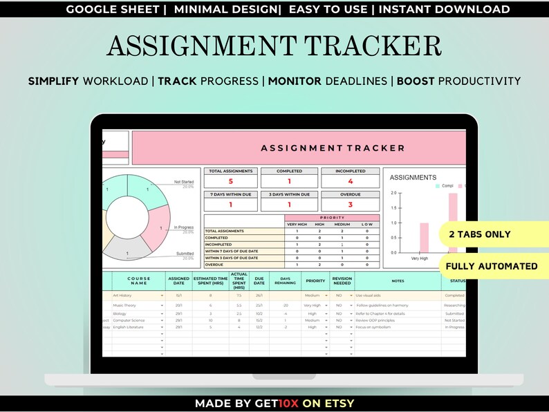 May include: A laptop screen displays an assignment tracker spreadsheet. The spreadsheet is labeled "Assignment Tracker" and includes sections for total assignments, due dates, and progress tracking. The design is minimal and easy to use.