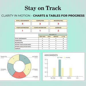 May include: A digital graphic with the text "Stay on Track" and "Clarity in Motion - Charts & Tables for Progress." The image includes charts and tables displaying assignment progress, including completed, incomplete, and overdue tasks.