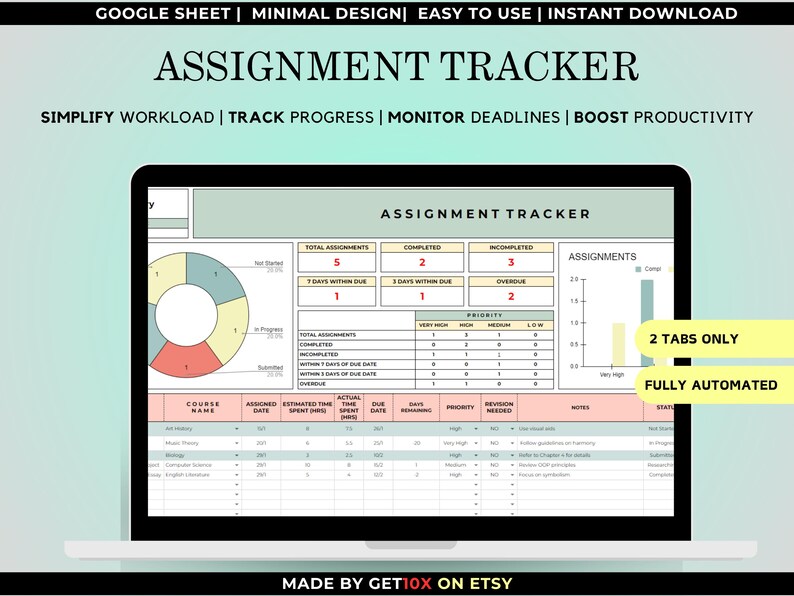 May include: A laptop screen displays an assignment tracker spreadsheet. The spreadsheet includes sections for total assignments, completed, and overdue tasks. The design is minimal, with a focus on data visualization and productivity.