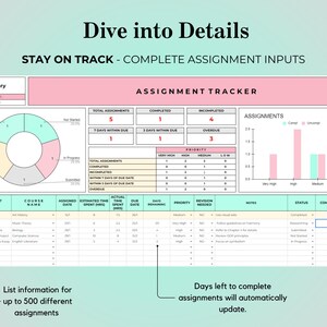 May include: Assignment tracker with a pink and teal color scheme. The text "Dive into Details" and "Assignment Tracker" are displayed. The tracker includes charts, graphs, and a table to track assignments, due dates, and completion status.