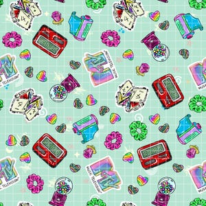 May include: A repeating pattern on a light green grid background featuring 90s nostalgia icons including red digital pagers, MTV logos, colorful gumball machines, pink ring pops, green and pink scrunchies, film canisters, and rainbow hearts.