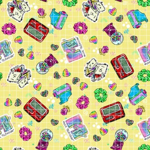 May include: A repeating pattern on a yellow grid background featuring 90s icons including MTV logos, red digital alarm clocks, pink and green hair scrunchies, colorful gumball machines, 35mm film rolls, rainbow hearts, and paper fortune tellers.