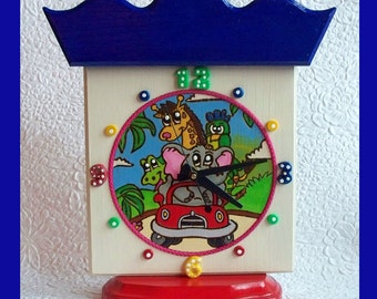 Handmade, Childrens Tabletop Clock, Hand Painted, Wood burn design, Nursery Clock, Unique Gift, Battery Operated