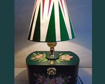 Jewelry Box, Nightlight Lamp, Hand Painted Lampshade, Emerald Green, Unique Gift, Flowers,  Handmade