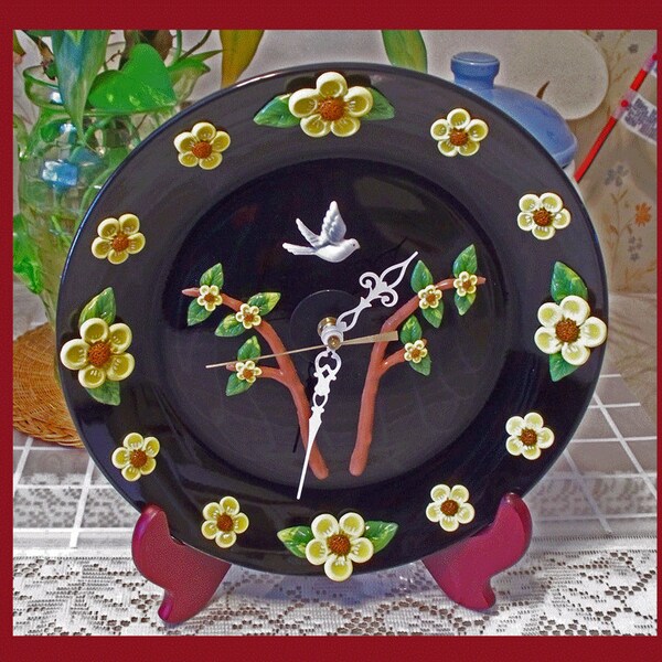 Wall Clock Plate  Flower Polymer Clay  Design