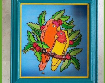 Wall Clock, Lovebird, Shadow Box , Hand Painted Woodburn design