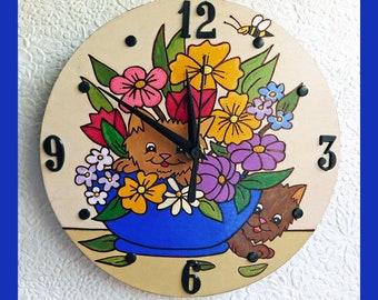 Wall Clock, Table Clock, Display Stand, Kittens, Childrens Clock, Wood Clock, Decorative, Silent Movement, Bonus Stand, Gift, Hand Painted