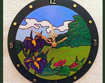 Wall Clock, Table Clock, Landscape Design, Handmade, Hand Painted, Silent Quartz Movement, Decorative, Gift, Round Wood Clock