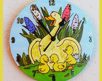 Wall Clock, Table Clock, Childrens Clock, Display Stand, Ducks, Decorative, Silent Movement, Gift, Nursery Clock, Hand Painted, Round