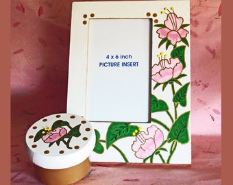 Hand Painted, Frame and Trinket Box Set, Matching Frame and Trinket Box, Floral Frame, Trinket Box, Gift Set for Her, Floral Design