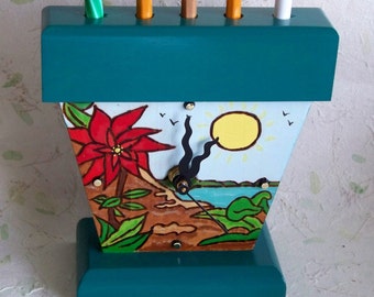 Tropical Desk Clock Pen and Pencil holder, Quartz Movement, Desk Clock, Pen and Pencil Holder, Unique Gift