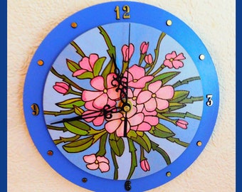 Wall Clock, Table Clock, Hand Painted, Handmade, Floral Design, Silent Quartz Movement, Decorative, Gift, Round Wood Clock