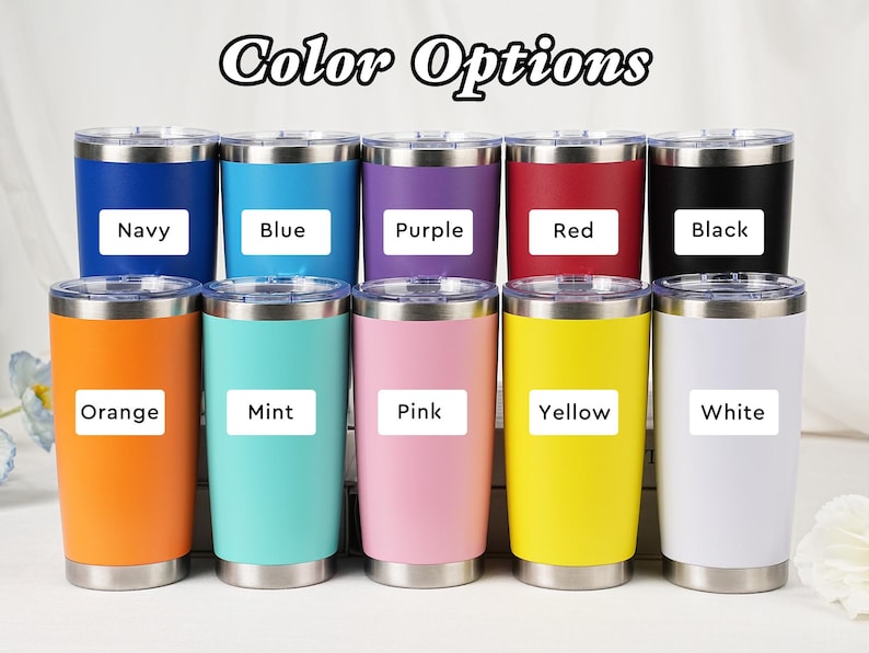 May include: A collection of ten insulated tumblers in various colors, including navy, blue, purple, red, black, orange, mint, pink, yellow, and white. Each tumbler has a silver lid and a label with the color name.