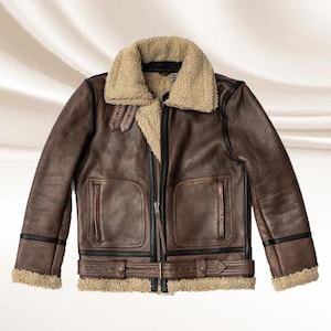 Mens Handmade B3 Brown Vintage Sheepskin Leather Shearling Bomber Jacket Faux Fur | Gifts