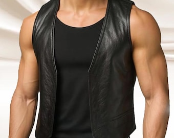 Chaleco de cuero negro para hombre, chaleco de cuero de motociclista con parte delantera abierta para hombre