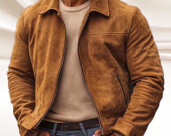 Men's Camel Brown Suede Leather Jacket: Genuine Sheepskin Suede Coat