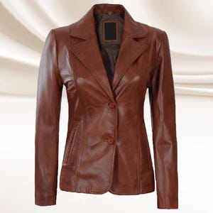 Womens Sheepskin Leather Blazer: Cognac Brown, 2-Button Jacket