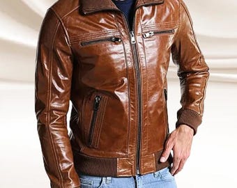 Chaqueta bomber de cuero marrón para hombre: abrigo marrón de piel de oveja auténtica