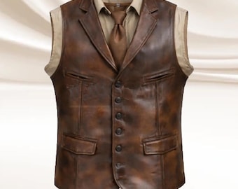 Chaleco de cuero vintage marrón para hombre, de dos tonos, encerado, estilo motero.