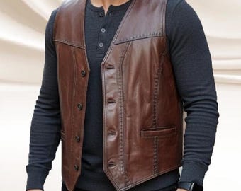 Chaleco de cuero marrón chocolate estilo vintage para motociclista, chaleco de cuero para hombre.