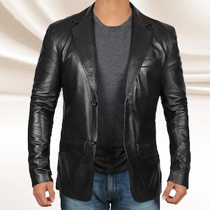 Mens Black Genuine Sheepskin Soft Leather Blazer Coat Jacket Men Dual-Buttoned Pure Leather Black Blazer Car Coat Vintage Handmade