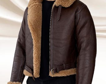 Chaqueta de aviador de piel de oveja marrón para hombre: abrigo de invierno de sherpa sintética con cinturón
