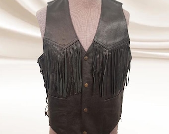 Chaleco de cuero negro para motocicleta con flecos para hombre