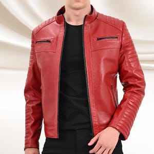 Mens Red Sheepskin Leather Biker Jacket: Handmade, YKK Zippers