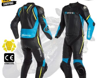 Trajes de cuero para motocicleta de carreras, personalizados, para hombre, mujer y niño, color negro y azul