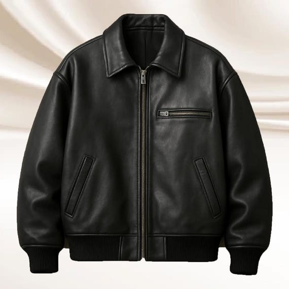 Vintage Black Sheepskin Leather Bomber Jacket: Oversized Baggy Fit