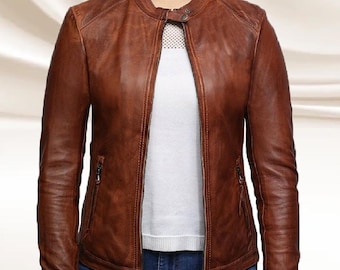 Chaqueta de cuero estilo motero vintage para mujer: Chaqueta de cuero auténtico para motociclista