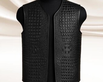 Chaleco de cuero negro para hombre, estilo cocodrilo, estilo motero, para motocicleta