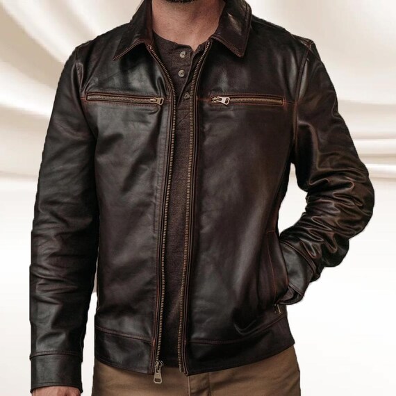 Men's Brown Sheepskin Leather Biker Jacket