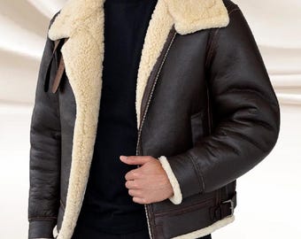 Chaqueta de vuelo de piel de oveja para hombre: abrigo de aviador de piel de oveja auténtica marrón con efecto sherpa.
