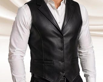 Chaleco de cuero negro Steampunk para hombre, chaleco de cuero estilo motero para hombre