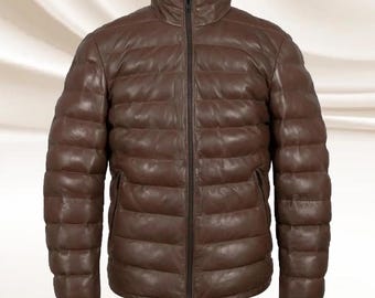 Men's Brown Leather Puffer Jacket: Genuine Sheepskin Leather Bubble Coat for WInter