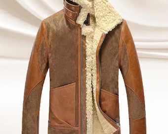 Brown Leather Shearling Jacket Men's: Genuine Sheepskin Sherpa Leather Coat