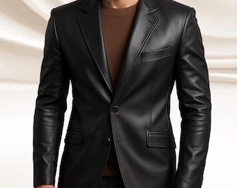 Men's Black Genuine Sheepskin Leather Blazer: Casual Fitted Coat