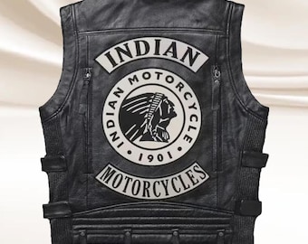 Chaleco de cuero negro para hombre con parches de moto y parches de moto.