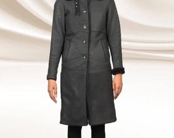 Women's Pilot Leather Shearling Trench Coat Black: Genuine Sheepskin Aviator Leather Sherpa Overcoat Ladies