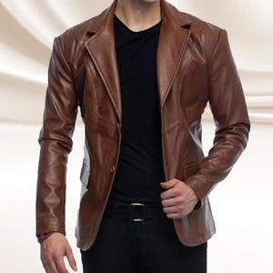 Men&#39;s Dual-Button Leather Blazer Coat Jacket Shiny Choco Brown Sheepskin Leather Jacket Handmade Leather Jacket Cognac Leather Blazer Coat