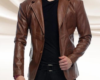 Men's Choco Brown Sheepskin Leather Blazer: Handmade Dual-Button Coat